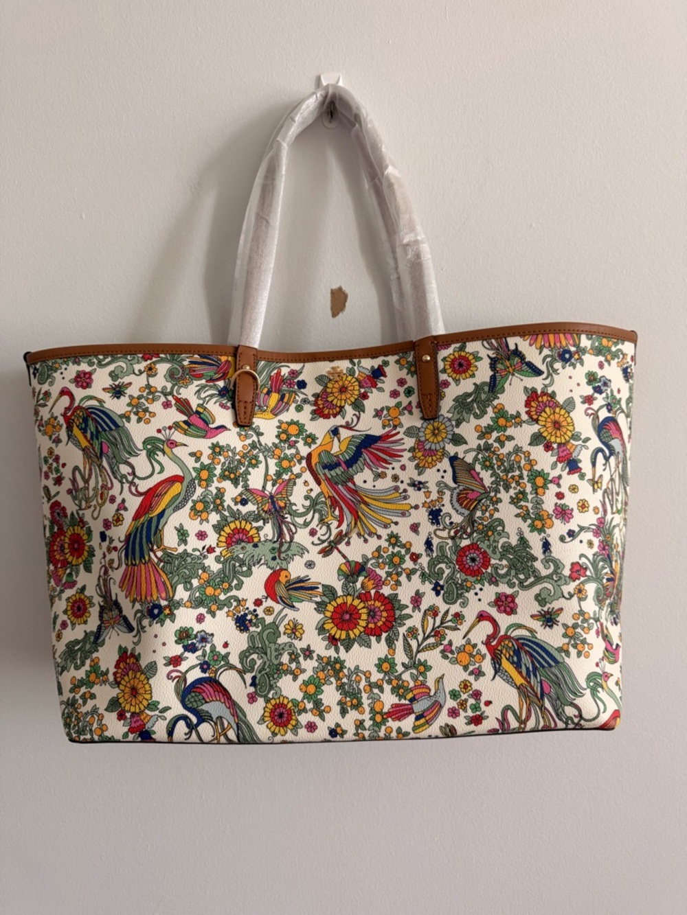 Tory Burch Floral & Colorful Bird Print Tote with Tan Trim